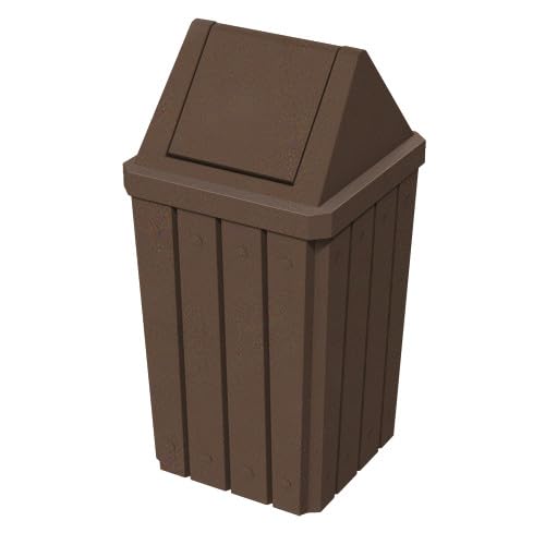 32 Gallon Square Slatted 100% Recycled Plastic Heavy Duty Outdoor Commercial Trash Can with Swing Top Lid | Great for Schools and Businesses - Brown