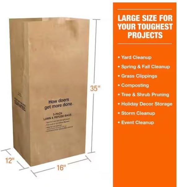 Quality 30 Gal. Paper Lawn and Leaf Bags – 20 Count | Heavy-Duty 2-Ply Wet-Strength Yard Waste Bags | Self-Standing Biodegradable Garden Bags