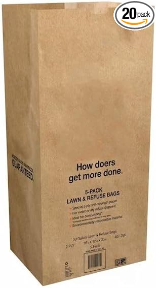 Quality 30 Gal. Paper Lawn and Leaf Bags – 20 Count | Heavy-Duty 2-Ply Wet-Strength Yard Waste Bags | Self-Standing Biodegradable Garden Bags