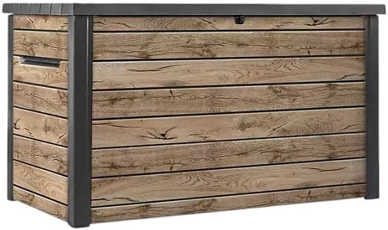 Outdoor Storage Box, Wood-Look Resin Deck Container, Indoor/Outdoor Storage, Ash Wood Brown (230 Gallon)
