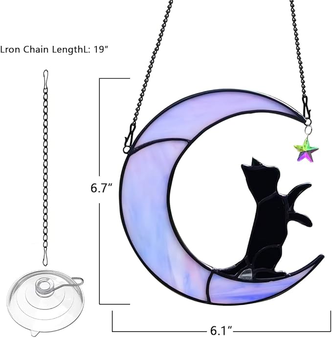 Black Cat Suncatcher for Stained Glass Windows Hanging,6.7“x6.1 Handmade Stained Glass Cat Gifts for Women,Witchy Gifts for Women,Birthday,Christmas,Mother's Day