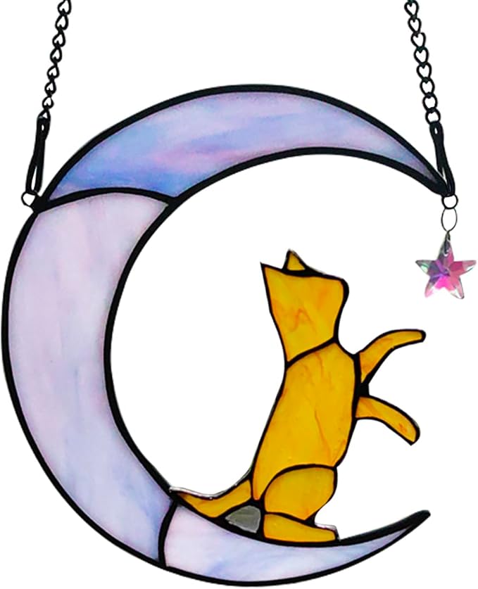 Orange Cat Gifts Suncatchers for Windows Hanging,6.7“x6.1 Funny Stained Glass Windows Hanging,Orange Cat Gifts for Women,Memorial,Birthday,Christmas