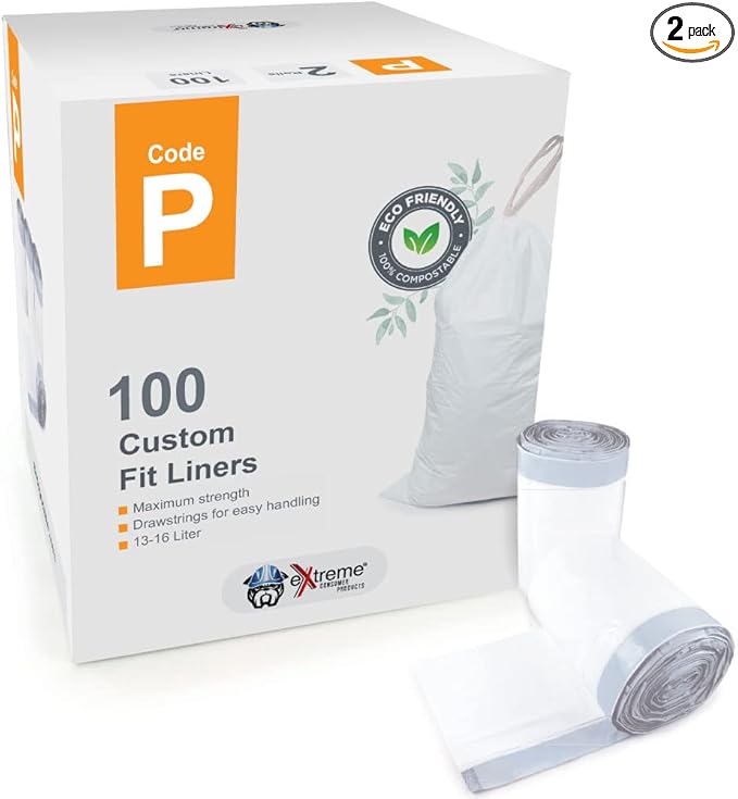 Compatible With Simplehuman Code P - Durable Custom Fit Plastic White Trash Bags w/Drawstring, 50-60 Liter/ 13-16 Gallon Trash Cans - 2 Refill Rolls (100 Count) -Heavy Duty Kitchen Garbage Bags