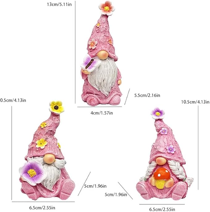 Gnome Decoration Figurine Outdoor Statue Resin 3pcs Flowers Spring Gnomes, Home Decoration Ornaments for Desktop Bookshelves Courtyard Garden Gift (Pink)