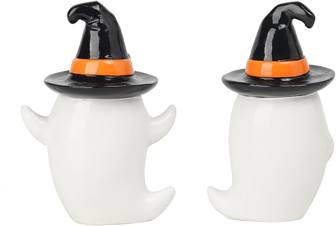 Halloween Decorations Ghost Statues Collectible-Figurines - Halloween Decor Indoor Cute Boo Ghost Sculpture Resin White Ghost With Black Hat Party Supplies Set of 2, 2.5*2*3.5 inch Newman House Studio