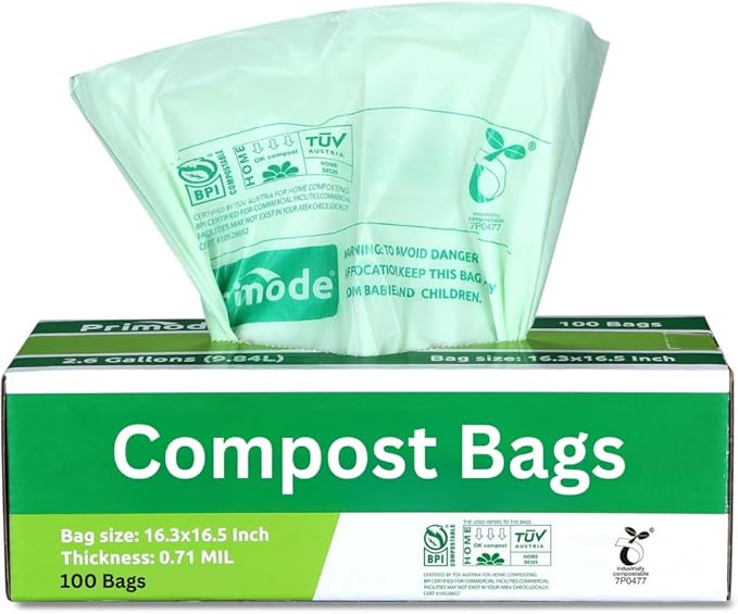Compost Bags, Compostable Trash Bags 2.6 Gallon Compostable Bags 100 Count Small Compost Bags for Countertop bin Extra Thick 0.71 Mil. ASTM D6400 Certified By BPI and TÜV AUSTRIA