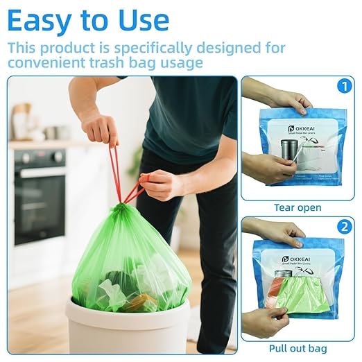 OKKEAI 2.6 Gallon Bathroom Drawstring Trash Bags, 60 Count Small Green Garbage Bags, Heavy Duty Tear-Resistant & Leak-Proof Wastebasket Liners for Kitchen, Bathroom, Office