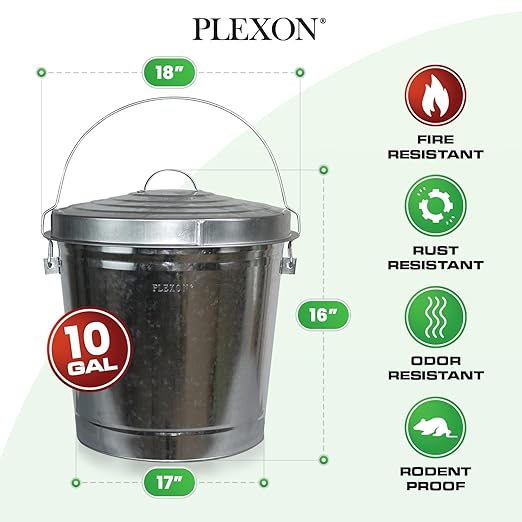 Plexon 10 Gallon Metal Trash Can with Locking Lid Galvanized Bucket with Lid for Poultry Feed Bird Seed Storage Ash Outdoor Garbage Trash Bin, 2 Pack