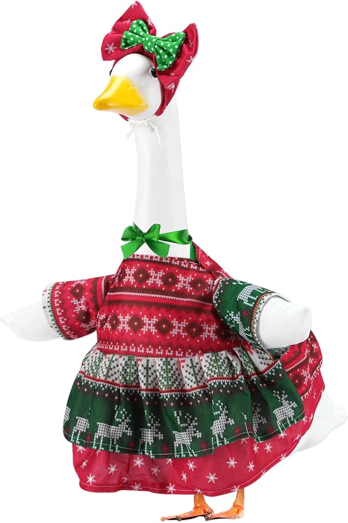 Christmas Porch Goose Outfits for 23 Inch Lawn Statue, Ugly Sweater Costume for Plastic/Cement Statue, Duck Sculpture Clothes for Xmas Winter Yard Patio Party Decoration