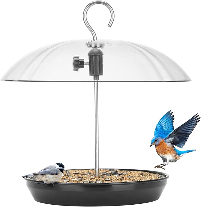 Kingsyard Adjustable Platform Bird Feeder for Outdoors Hanging, Metal Tray Bird Feeder with Dome Top, Attract Bluebirds Cardinals Goldfinches (Black)
