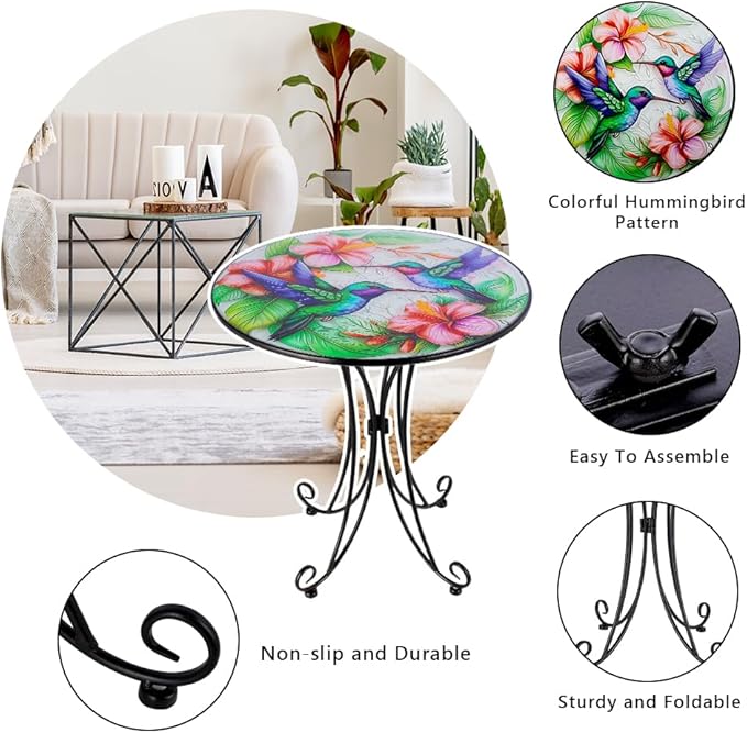 18 Inch Outdoor Side Table, Hummingbird Metal Accent Table, Indoor Small Round End Tables, Plant Stand Tables for Outside Yard Balcony Garden Bedside