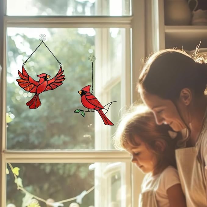 BOXCASA Cardinal Gfits Stained Glass Birds Window Hanging,Cardinal Handmade Ornament Stained Glass Suncatcher for Window,Cardinals Bird Gifts for Bird Lover Women,Memorial Gift for Mother