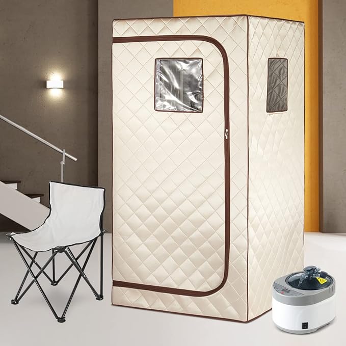 Smartmak Portable Home Steam Sauna, Full Size Personal Sauna Spa Box, Single Saunas Tent with Steamer, 4L 1500W Steam Generator 99 Min Timer, Remote Control, Upgraded Foldable Chair, Mat, Beige Brown