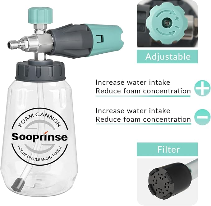 Sooprinse Pressure Washer Foam Cannon with Dual Connector Accessory, Power Washer Soap Cannon with Double Tip Attachment, 5 Power Washer Nozzle Tips, 1/4" Quick Connect, 4000 PSI