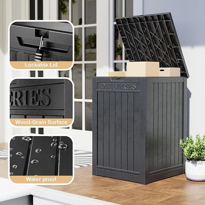 EasyUp Outdoor Package Delivery Box, 48-Gallon Lockable Parcel Drop Box, Large Double-Walled Resin Weatherproof Storage Deck Box for Porch and Patio (Black)