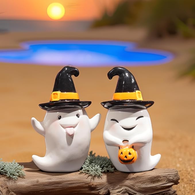 Halloween Decorations Ghost Statues Collectible-Figurines - Halloween Decor Indoor Cute Boo Ghost Sculpture Resin White Ghost With Black Hat Party Supplies Set of 2, 2.5*2*3.5 inch Newman House Studio