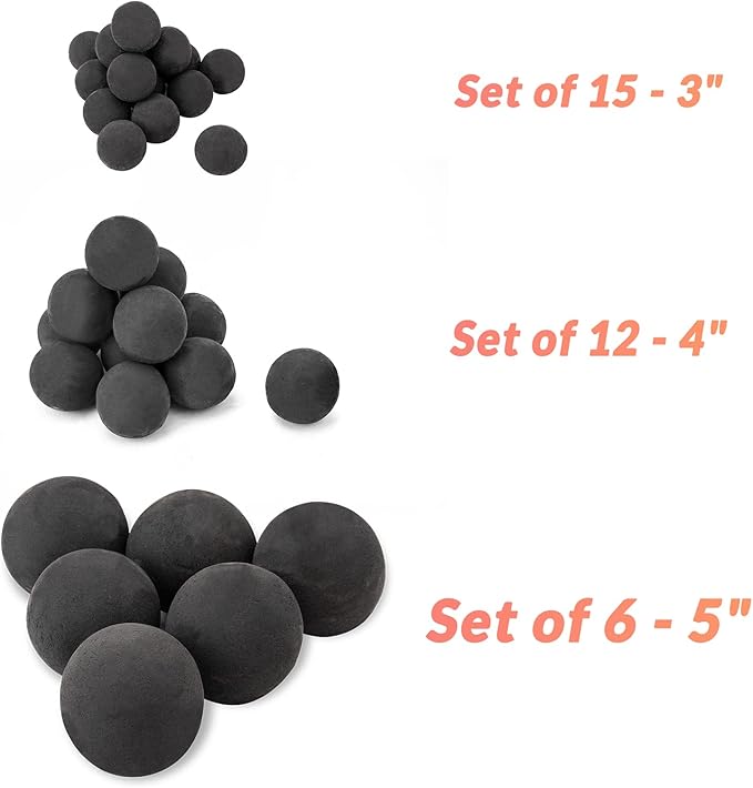 Skyflame Ceramic Fireplace Balls, Set of 6 Round Fire Stones Set for Indoor and Outdoor Fire Pits or Fireplaces Accessory, 5 Inch, Black