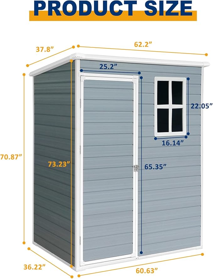 JT 5×3ft Resin Outdoor Storage Shed,Outdoor Storage Shed with Floor & Window to Store Patio Furniture, Garden Tools Bike Accessories, Beach Chairs and Lawn Mower. (Grey, 5ft*3ft)