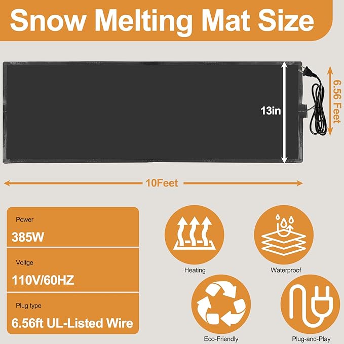 Heated Snow Melting Mats, 10ft x 13in Roof Heat Tape,Heater Ice Dam Prevention Heated Outdoor Mats Electric Snow Melting Mats for Winter Snow Removal (10 ft x 13 in)