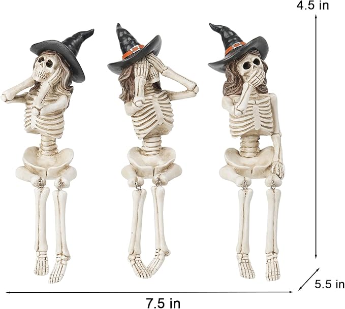 Halloween Statues No-Evil Skeleton Collectible-Figurines - Realistic Skeleton Halloween Decorations Indoor See Speak Hear No Evil Resin Witch Table Decor Set of 3, 2.5*5.5*4.5 inch Newman House Studio