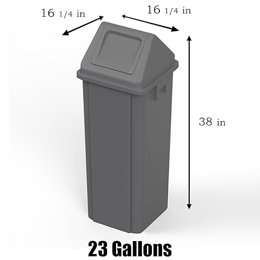 23 Gallon Gray Square Trash Can with Dome Swing Lid – Durable Commercial Plastic Waste Bin for Restaurants, Offices & Public Spaces