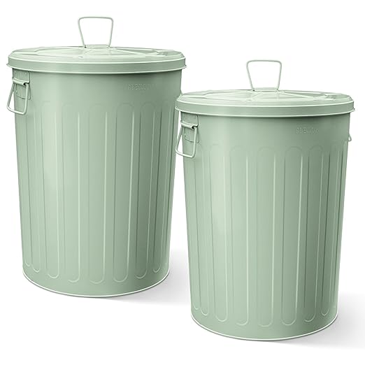 Plexon Large Metal Trash Can with Lid 20 Gallon, Decorative Outdoor Trash Can Heavy Duty Galvanized Metal Bucket with Lid for Garage Workshop Ash Storage Farmhouse, Green 2 Pack