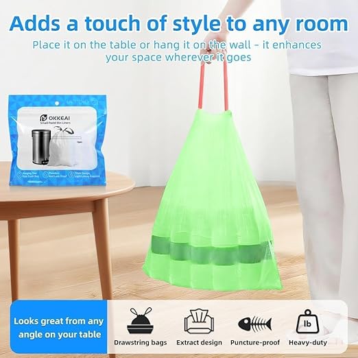 OKKEAI 2.6 Gallon Bathroom Drawstring Trash Bags, 60 Count Small Green Garbage Bags, Heavy Duty Tear-Resistant & Leak-Proof Wastebasket Liners for Kitchen, Bathroom, Office
