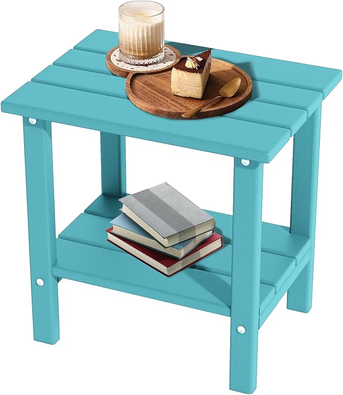 OTSUN Outdoor Side Table, Weather Resistant HDPE Outdoor Table, 2-Tier Small Patio Tables for Outside or Indoor (Aruba Blue)