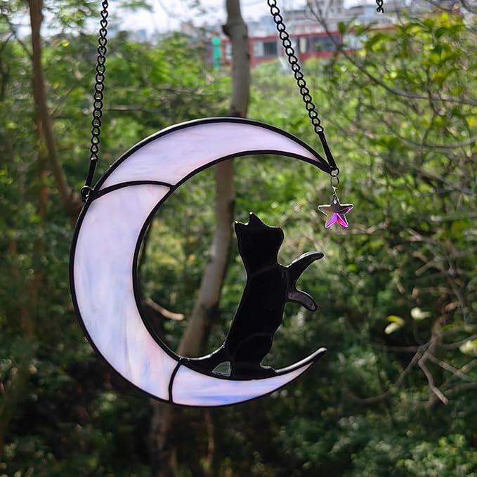 Black Cat Suncatcher for Stained Glass Windows Hanging,6.7“x6.1 Handmade Stained Glass Cat Gifts for Women,Witchy Gifts for Women,Birthday,Christmas,Mother's Day