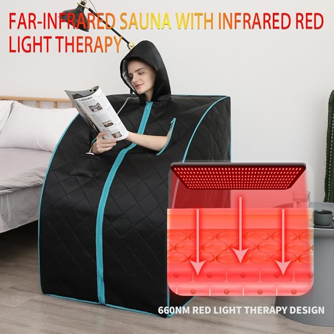 Smartmak Far Infrared Portable Sauna with Hat, 2 of 660nm Red Light Therapy for Knees Recovery, Personal Full Body Home SPA Tent, Separate Heating Foot Pad and Upgraded Folding Chair, 140 ℉