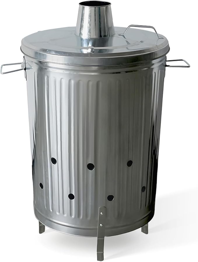 Plexon Metal Compost Bin Outdoor Burn Bin - Galvanized Trash Can with Lid Chimney and Vent Holes - Trash Burning Container Composter Incinerator for Garbage, 20 Gallon (Chimney Lid and Vent Holes)