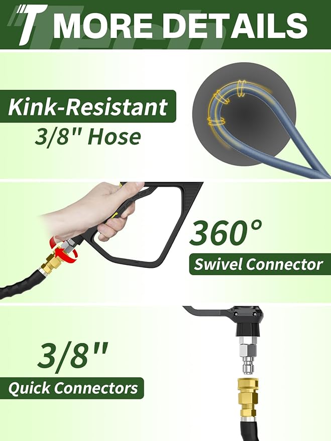 3/8" 4800PSI Pressure Washer Hose 100FT with Swivel Quick Connect for Cold/Hot Water Max 248°F, Kink Resistant Steel Wire Braided, Wear Resistant Power Washer Hose with M22 14mm Adapter