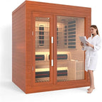 Indoor Luxury Cabin Sauna – Dual System Dry & Wet, Canadian Hemlock, Full Spectrum Infrared Heating, 4-5 People, 220V, 6KW Harvia Stove, Seven-Color Ambient Light, 8mm Tempered Glass