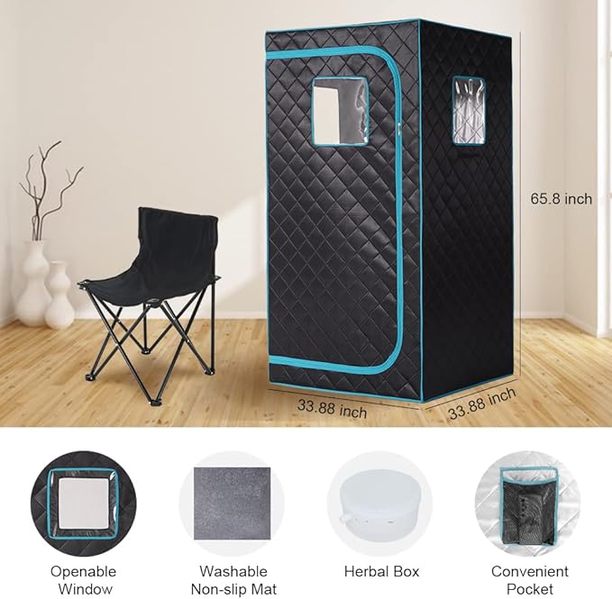 Smartmak Portable Home Steam Sauna, Full Size Personal Sauna Spa Box, Single Saunas Tent with Steamer, 4L 1500W Steam Generator 99 Min Timer, Remote Control, Upgraded Foldable Chair, Mat, Green Border