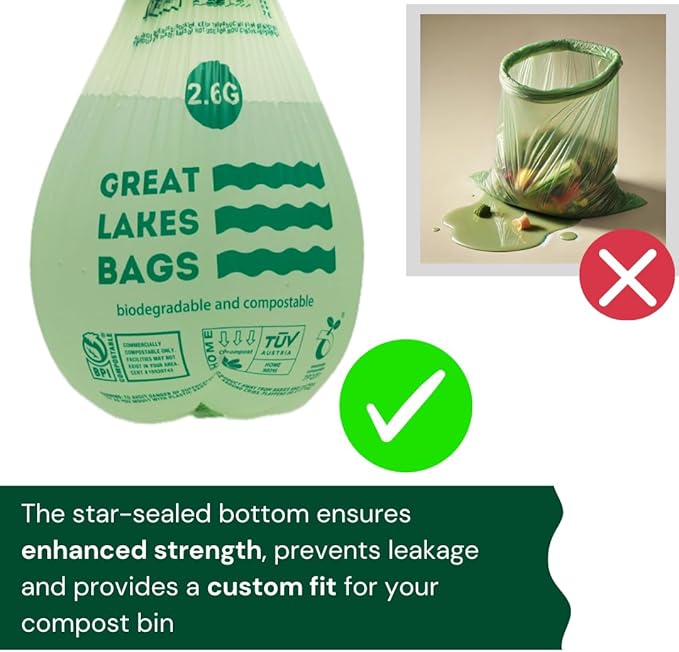 Great Lakes 2.6 Gallon Compostable and Biodegradable Trash Bag, 100 Count, Small Compostable Bag For Kitchen Food Scrap, Bathroom, Office, Certified by BPI and OK Compost Home