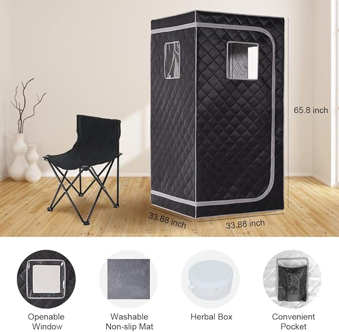 Smartmak Portable Home Steam Sauna, Full Size Personal Sauna Spa Box, Single Saunas Tent with Steamer, 4L 1500W Steam Generator 99 Min Timer, Remote Control, Upgraded Foldable Chair, Mat, Grey Border
