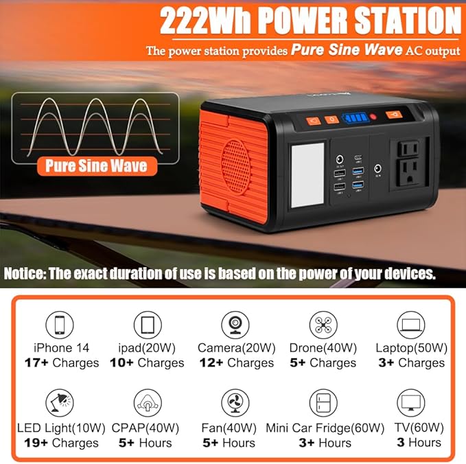 Takki Solar Generator 250W Portable Power Station with 40W Solar Panels 222Wh Pure Sine Wave Camping Lithium Battery Power Bank with AC 110V Outlet for Camping CPAP Home Use Emergency Outdoor