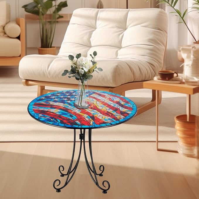 18" Outdoor Side Table, American Flag Metal Accent Table, Indoor Small Round End Tables, Plant Stand Tables for Outside Yard Balcony Garden Bedside