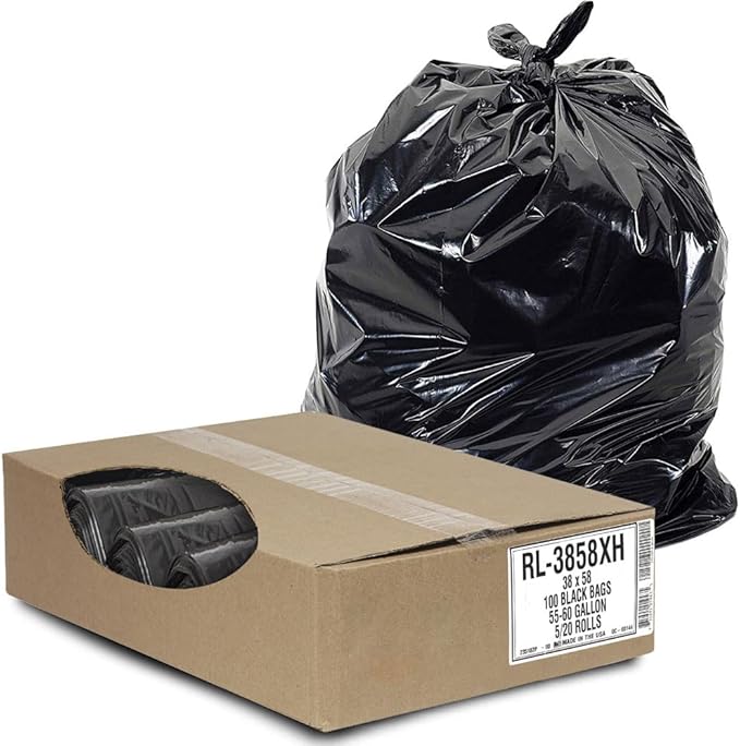 Aluf Plastics 55 Gallon Trash Can Liners (100 Count) - 38" x 58" - Thick 1.5 MIL Equivalent Black Trash Bags for Bathroom, Kitchen, Office, Industrial, Commercial, Recycling and More