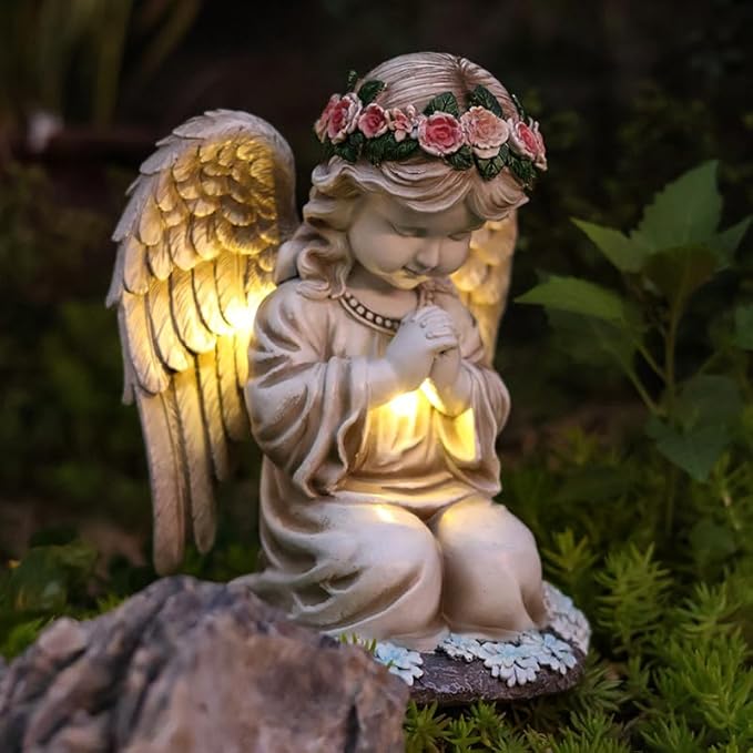 Solar Garden Outdoor Statues Lights, Resin Angel Figurine Light for Patio, Balcony, Yard, Lawn Ornament, Unique Housewarming Gifts and Yard Decor (Prayer Angel)