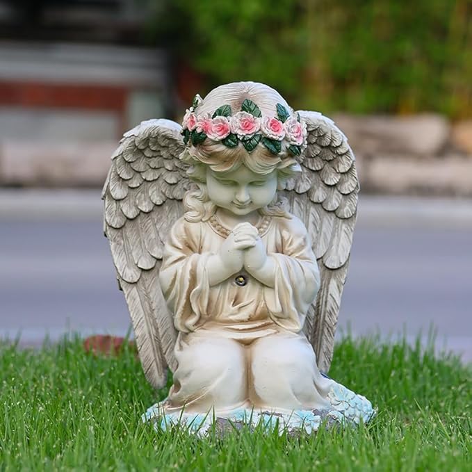Solar Garden Outdoor Statues Lights, Resin Angel Figurine Light for Patio, Balcony, Yard, Lawn Ornament, Unique Housewarming Gifts and Yard Decor (Prayer Angel)