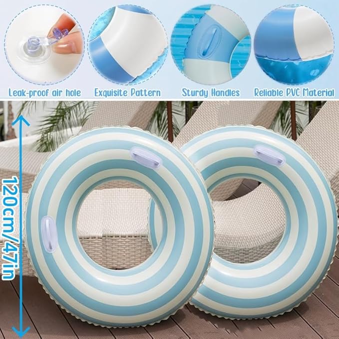 2 PCS Striped Pool Floats for Adults Swimming Rings Tube with Handles -Inflatable Pool Float Tube for Adults Pool Floats for The Beach, Party, Vacation
