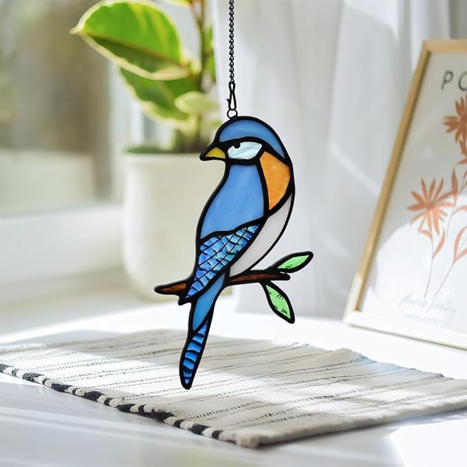 BOXCASA Blue Birds Decor Stained Glass Suncathers for Window,Stained Glass Bird Window Hanging,Birds Gifts for Bird Lovers,Birthday Gift for Women Mom Grandma