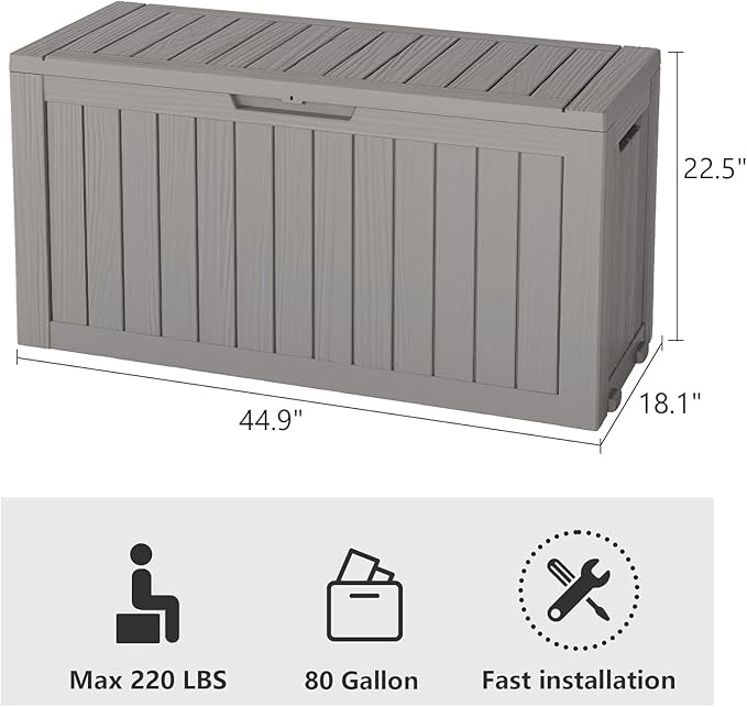 80 Gallon Deck Box Large Outdoor Storage Boxfor Patio Furniture,Outdoor Cushions, Garden Tools, Sports Equipment and Pool Supplies, Waterproof, Resin, Lockable