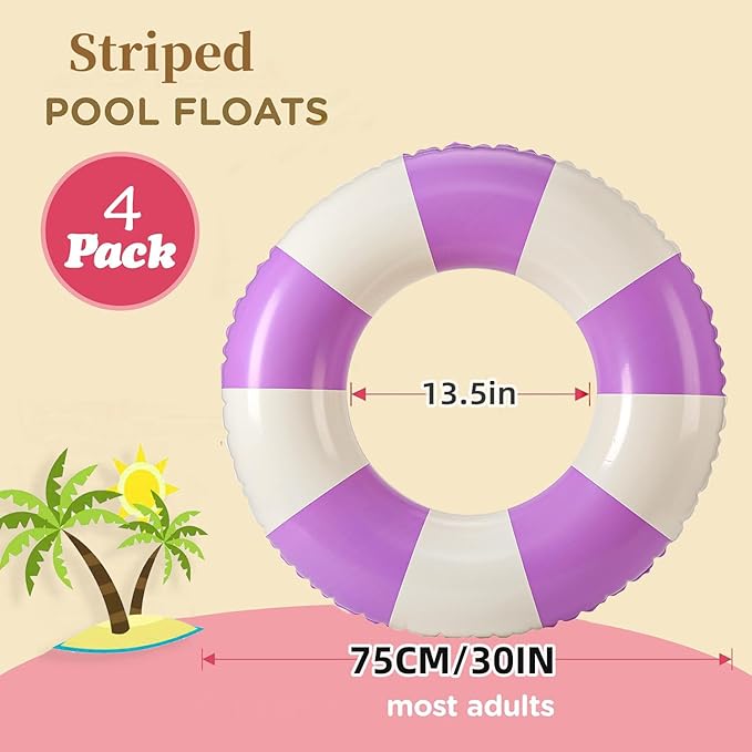 4PCS Floats for Adults Rings Striped Pool Float Large Swim Ring for Adults,30 Inch Classic Striped Teens Adult Inner Tubes Summer Beach Bachelorette Party