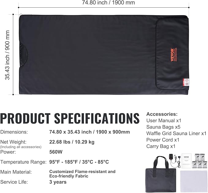 VEVOR Sauna Blanket for Detoxification, Portable Far Infrared Sauna for Home, PU Sauna Bag w/Therapy Stones & Carbon Fiber Heating, 1-6 Level Adjustable Temp 95-185℉, 1-60 Minutes Timer, 75 x 35in