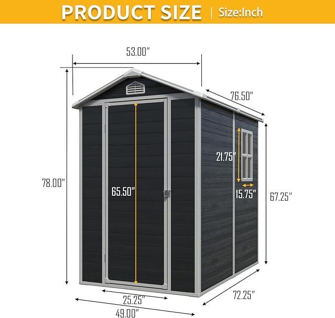 JT 4×6ft Resin Outdoor Storage Shed,Outdoor Storage Shed with Floor & Window to Store Patio Furniture, Garden Tools Bike Accessories, Beach Chairs and Lawn Mower. (Black, 4ft*6ft)