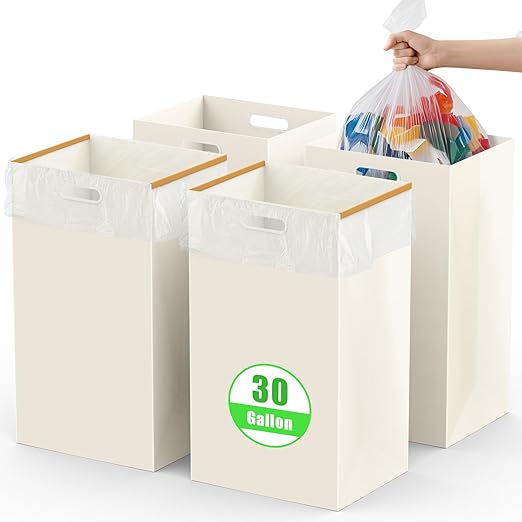 30 Gallon Disposable Trash Cans with Built-in Handles, 4 Pack Extra Large Portable Trash Can, Waterproof Layer Reusable Garbage Can, Recycling Bins, Extra-Thick Recycled Cardboard, Perfect for Parties
