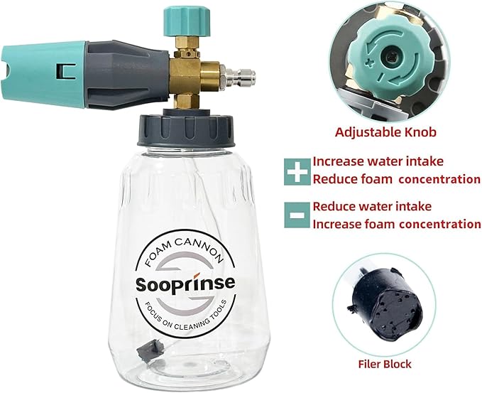 Sooprinse Pressure Washer Gun with Foam Cannon Snow Foam Lance, Short Pressure Washer Gun with Foam Cannon with 1/4 Inch Quick Connector, Power Washer Foam Blaster with Car Wash Mitt, 4000 PSI,1 Liter