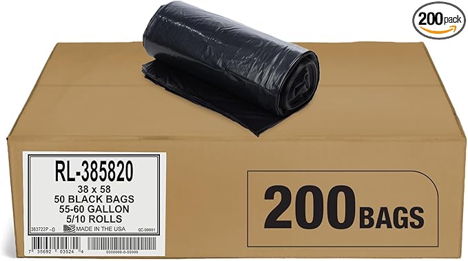 Aluf Plastics Heavy Duty 55 Gallon Trash Bags - (Large 200 Pack/w Ties) - 2 MIL Industrial Strength Plastic Drum Liners 38' x 58' Professional Black Garbage Bags for Construction, Contractors